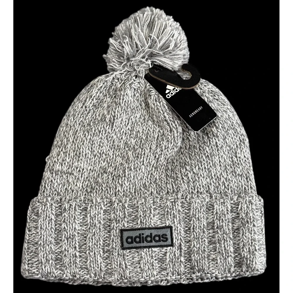 Adidas Men's Grey/White Pom Pom Winter Fleece Lined Beanie Hat Cap Toboggan NWT